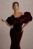 Cecily Red Velvet Bardot Maxi Dress With Satin Ruffle Trim