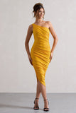 Dorit Yellow One Shoulder Asymmetric Ruched Midi Dress