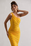 Dorit Yellow One Shoulder Asymmetric Ruched Midi Dress