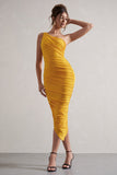 Dorit Yellow One Shoulder Asymmetric Ruched Midi Dress