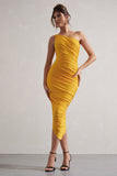 Dorit Yellow One Shoulder Asymmetric Ruched Midi Dress