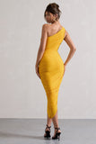 Dorit Yellow One Shoulder Asymmetric Ruched Midi Dress