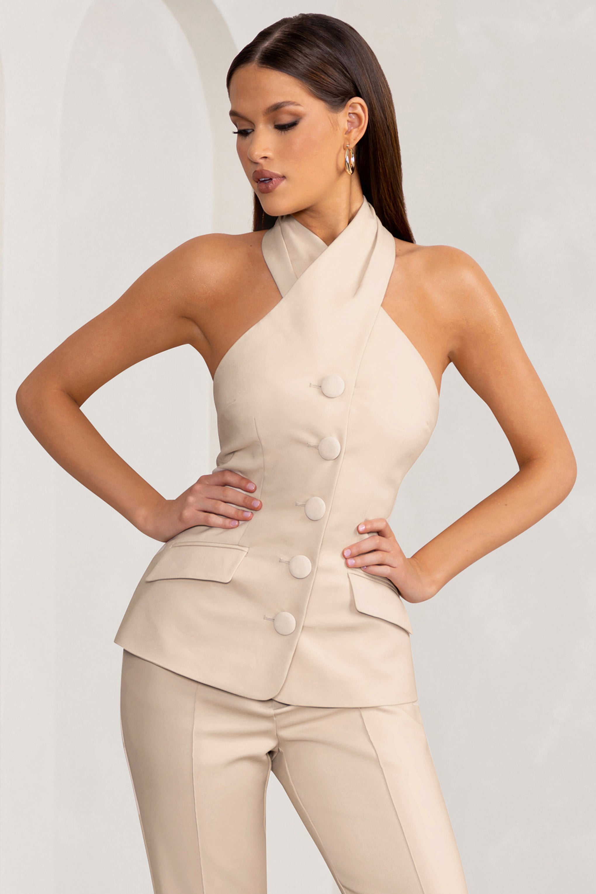 Remi Stone Cross Halter Neck Tailored Sleeveless Blazer Top