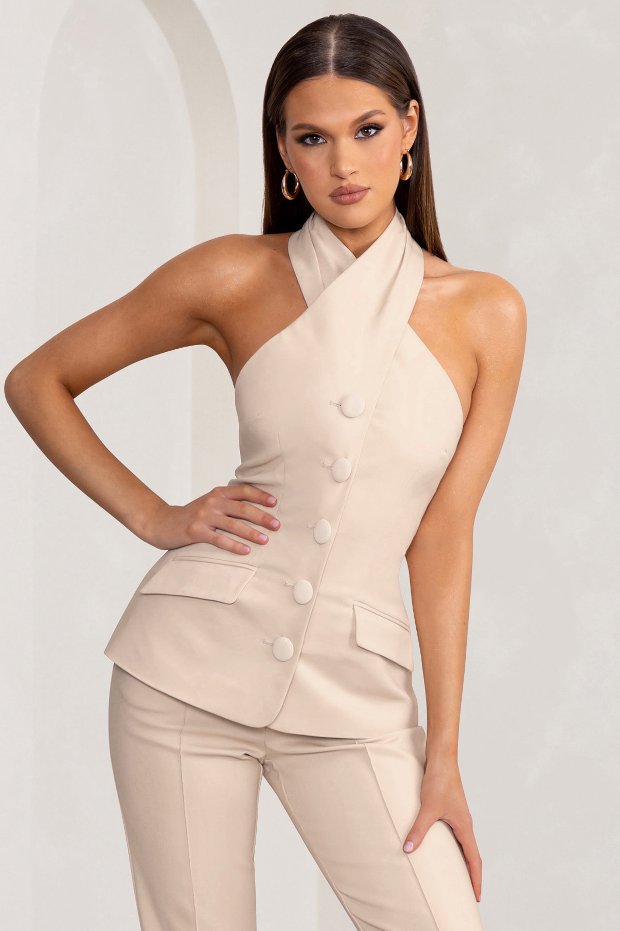 Remi Stone Cross Halter Neck Tailored Sleeveless Blazer Top