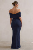 Eva Navy Bardot Bow Detail Maxi Dress With Thigh Split