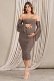 Aroma Brown Ruched Mesh Maternity Midi Dress With Ruffled Sleeves