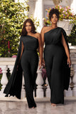 Aurora Black One Shoulder Cape Sleeve Jumpsuit