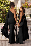 Aurora Black One Shoulder Cape Sleeve Jumpsuit