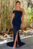 Forever & Always Navy One Shoulder Fishtail Maxi Dress