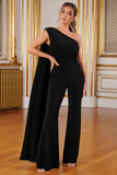 Aurora Black One Shoulder Cape Sleeve Jumpsuit