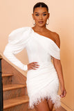 RSVP Ivory Asymmetric Volume Sleeve Draped Feather Mini Dress