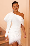RSVP Ivory Asymmetric Volume Sleeve Draped Feather Mini Dress