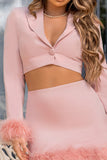 Tempting Pink Cropped Blazer With Feather Trim On Sleeve Cuff