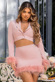 Tempting Pink Cropped Blazer With Feather Trim On Sleeve Cuff