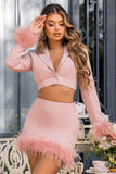 Tempting Pink Cropped Blazer With Feather Trim On Sleeve Cuff