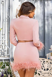 Tempting Pink Cropped Blazer With Feather Trim On Sleeve Cuff