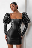 Karyme Black Faux Leather Puff Sleeve Mini Dress With Corset Detail