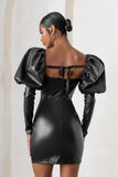 Karyme Black Faux Leather Puff Sleeve Mini Dress With Corset Detail