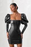 Karyme Black Faux Leather Puff Sleeve Mini Dress With Corset Detail