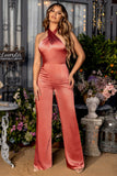 Overtime Petite Coral Halter Neck Wrap Front Jumpsuit