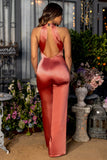 Overtime Petite Coral Halter Neck Wrap Front Jumpsuit