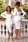 Seductress White Long Sleeve Square Neck Ruched Midi Dress