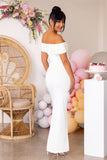 Worth The Wait Ivory Maternity Ruched Bardot Split Hem Maxi Dress