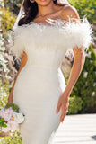 Idyll White Lace Bardot Feather Fishtail Maxi Dress