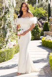 Idyll White Lace Bardot Feather Fishtail Maxi Dress