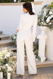 No Doubt White Plunge Neck Wide Leg Jumpsuit