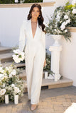 No Doubt White Plunge Neck Wide Leg Jumpsuit