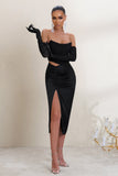 Freshen Up Black High Waist Ruched Midi Skirt With Thigh Split