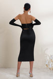 Freshen Up Black High Waist Ruched Midi Skirt With Thigh Split