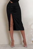 Freshen Up Black High Waist Ruched Midi Skirt With Thigh Split