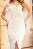 High Class White Bandeau Thigh Split Maxi Dress With Feather Trim