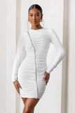 Empowered White High Neck Long Sleeves Zip Detail Mini Dress