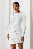 Empowered White High Neck Long Sleeves Zip Detail Mini Dress