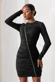 Empowered Black High Neck Long Sleeves Zip Detail Mini Dress
