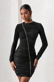 Empowered Black High Neck Long Sleeves Zip Detail Mini Dress