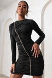 Empowered Black High Neck Long Sleeves Zip Detail Mini Dress