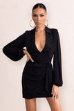 Hot Breeze Black Plunge Neck Belt Detail Puff Sleeves Mini Dress