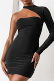 Perfect Touch Black One Shoulder Long Sleeve Mini Dress