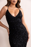 Aya Black Sequin Plunge Neck Low Back Fishtail Maxi Dress