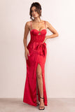 Odette Red Satin Square Neck Corset Bow Detail Maxi Dress