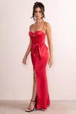 Odette Red Satin Square Neck Corset Bow Detail Maxi Dress