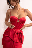 Odette Red Satin Square Neck Corset Bow Detail Maxi Dress
