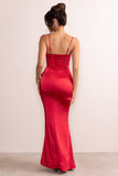 Odette Red Satin Square Neck Corset Bow Detail Maxi Dress