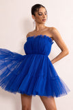 Aella Cobalt Blue Bandeau Volume Pleated Tulle Mini Dress