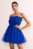 Aella Cobalt Blue Bandeau Volume Pleated Tulle Mini Dress