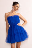 Aella Cobalt Blue Bandeau Volume Pleated Tulle Mini Dress